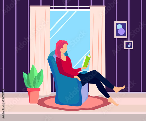 Young reading woman on chair. Stay home, self isolation, prevention, quarantine. Social concept flat illustration.