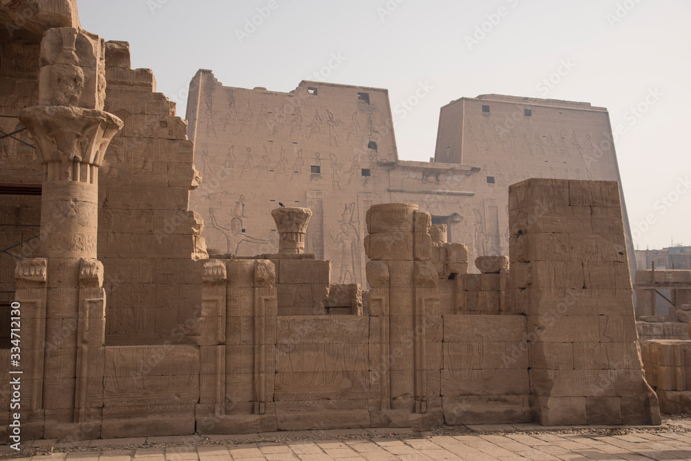 Magnificent and ancient temple of Edfu, located on the western bank of the Nile River in Egypt, Africa, dedicated to the god of the Dioese Horus.