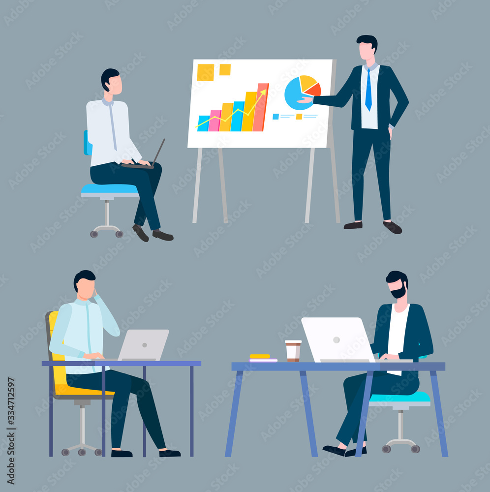 Employee presenting rising chart and diagram on board, men workers sitting on chair and using laptop, people working at table, teamwork success vector