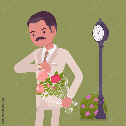 Man waiting at the romantic date, checking time. Elegant boyfriend with flower bouquet, unhappy lonely cheated male partner, anxiety on getting late friend. Vector flat style cartoon illustration