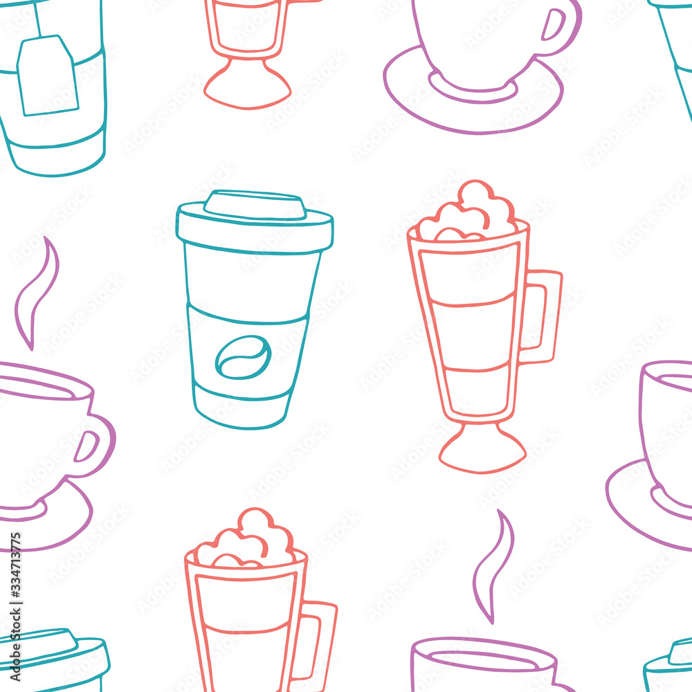 Seamless vector pattern with takeaway coffee, tea, cappuccino, espresso, latte. Outline pattern with drinks for a cafe, coffee shop, coffeehouse, street coffee to go.