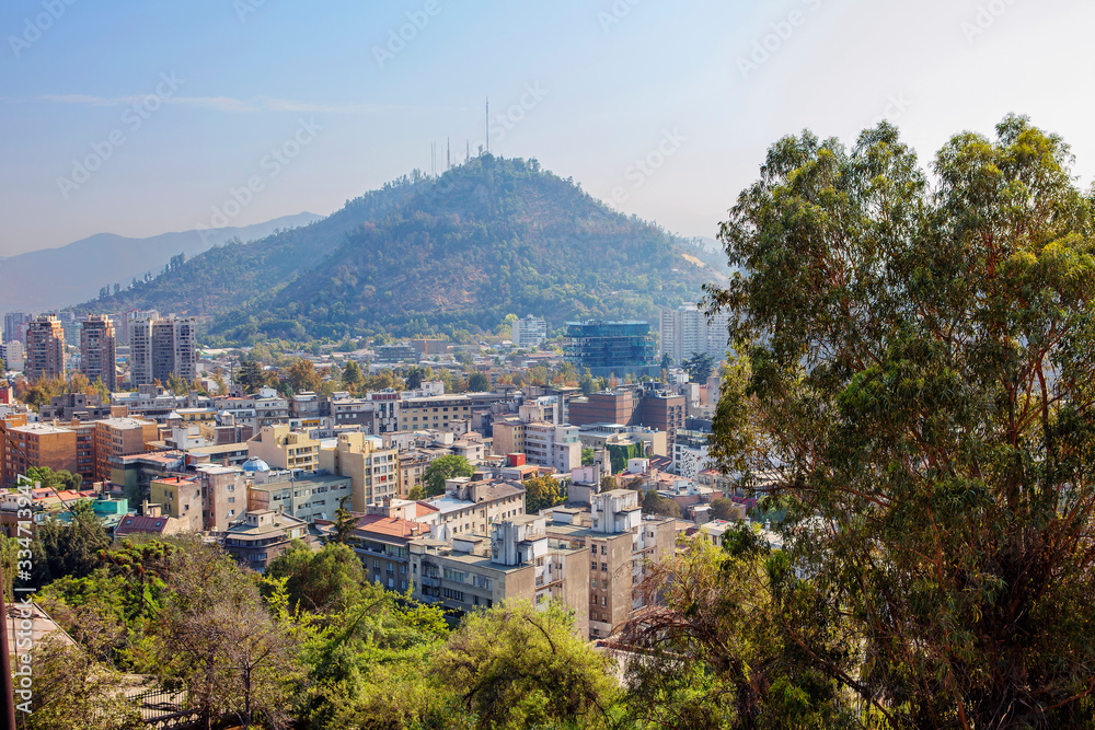 Santiago, Chile, View of San Cristobal hill from Santa Lucia Hill.  San Cristobal hill was named by the Spanish conquistadors in honor of St. Christopher. The height of the mountain is 860 m, at the t
