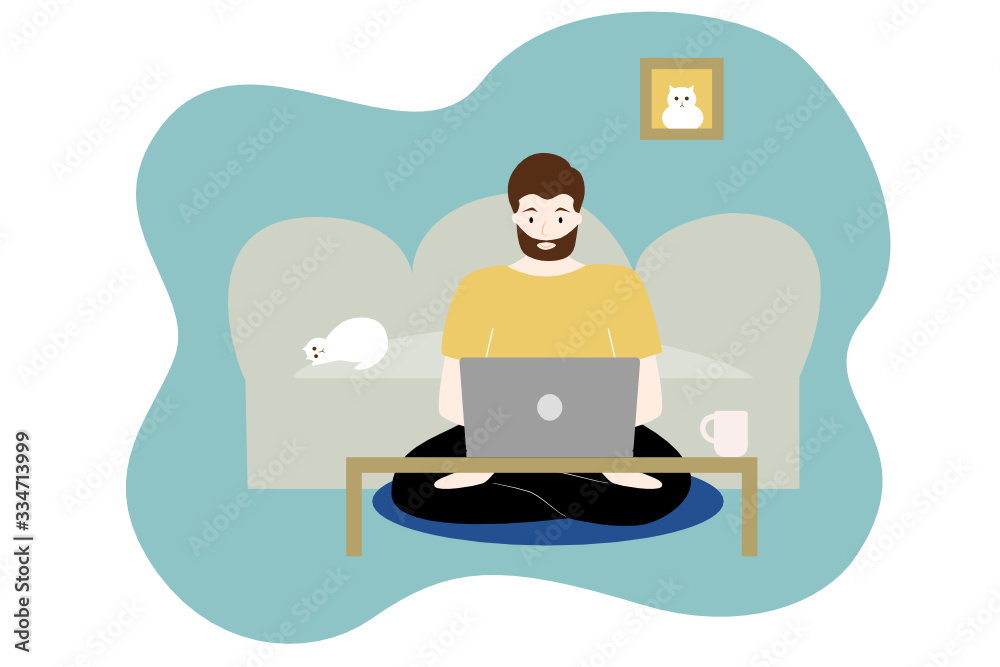 A man sitting on Floor working with laptop at home. vector illustration. A man sitting on Floor working with laptop at home. vector illustration.