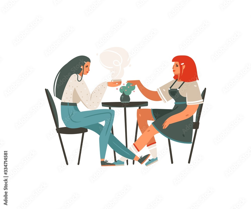 Hand drawn vector abstract cartoon modern graphic girls sitting in cafe and drinking coffee illustration art isolated on white background