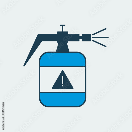 Vector icon of a tank with sprinkler and cleaning agent for disinfecting surfaces. It represents a concept of medical protection, cleanliness, hygiene, health safety and virus protection