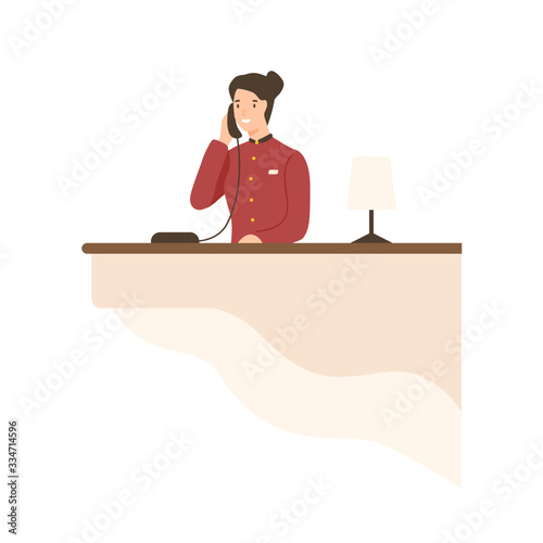 Friendly cartoon woman working on hotel reception vector flat illustration