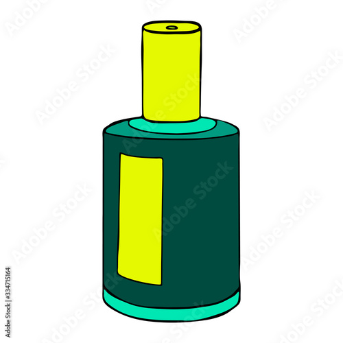 Mouthwash, mouth rinse, dental care product personal oral hygiene bathroom. Template glass bottle with liquid. Color vector isolated flat doodle realistic drawing black outline white background icon.