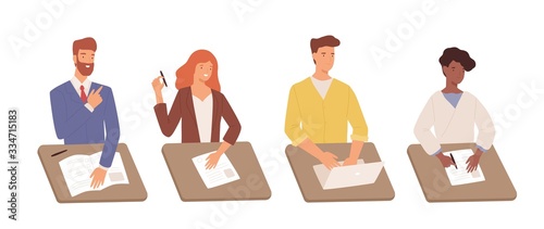 Set of diverse cartoon students man and woman sitting at table with document and laptop isolated on white. Positive people write test task hiring or recruitment specialists vector flat illustration