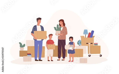 Happy cartoon family relocating to new apartment isolated on white background. Smiling mother, father, daughter and son holding packing boxes vector flat illustration. House moving concept