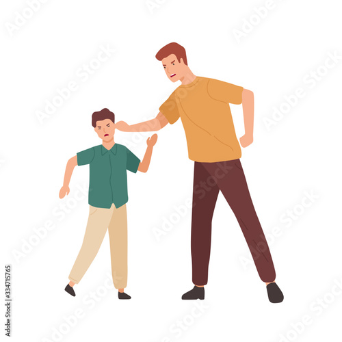 Angry father holding teenage son by ear vector flat illustration