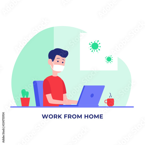 man wearing masker for Work from home during covid-19 coronavirus pandemic vector flat illustration