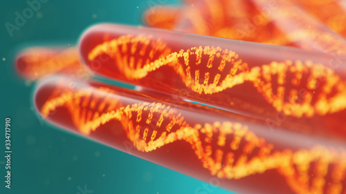 DNA molecule, its structure. Concept human genome. DNA molecule with modified genes. Conceptual illustration of a dna molecule inside a glass test tube with liquid. Medical equipment, 3D illustration photo