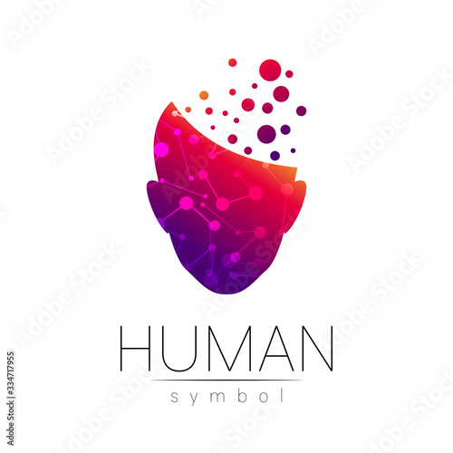 Vector symbol of human head. Person face. Red violet color isolated on white. Concept sign for business, science, psychology, medicine, technology. Creative sign design Man silhouette. Modern logo
