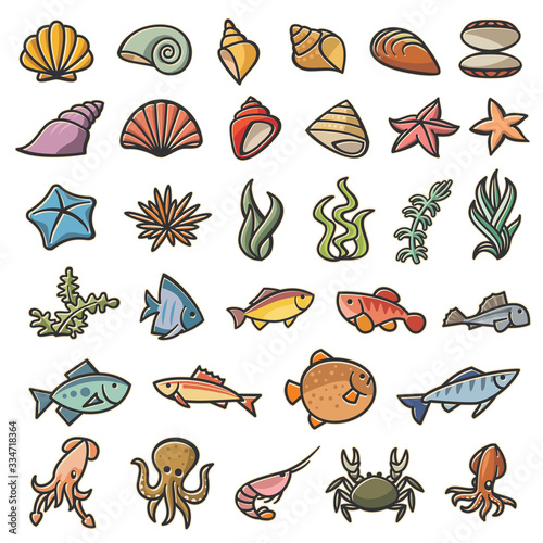 Marine sea symbols colorful set of 32 images