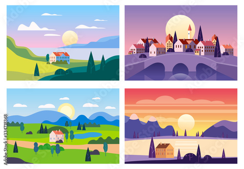 Set Summer sunset seaside landscapes. Cityscape stone bridge, Sea ocean nature hills fields mountains blue sky clouds sun house countryside