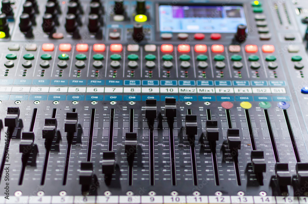 Mixing console in the recording Studio. Musical creativity. Recording music tracks.