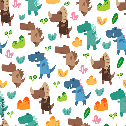 Fototapeta Naklejka Na Ścianę i Meble -  Dinosaurs seamless pattern for kids, Creative vector childish background