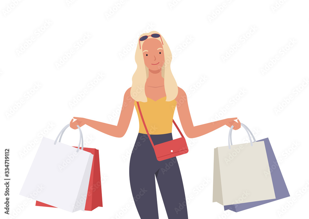 Beautiful woman is shopping. The girl with shopping bags. Vector illustration in a flat style