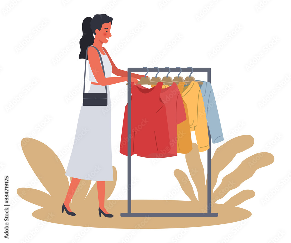 Beautiful women shopping. Young women choose to buy clothes. Vector illustration in a flat style