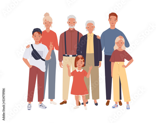 Big family. Father, mother, grandfather, grandmother and children. Vector illustration in a flat style