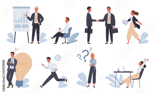 Business concept. A character set of an office worker man in various poses and situations. Vector illustration in a flat style