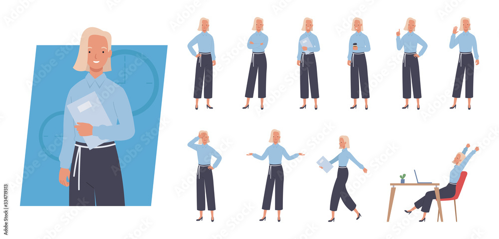 Business woman character set. Different poses and emotions. Vector illustration in a flat style