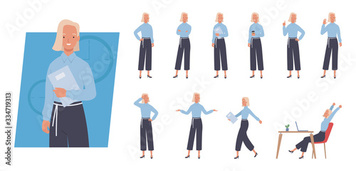 Business woman character set. Different poses and emotions. Vector illustration in a flat style