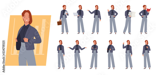 Business woman character set. Different poses and emotions. Vector illustration in a flat style