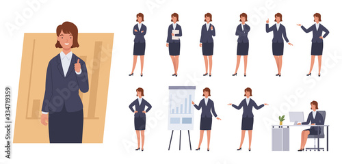 Business woman character set. Different poses and emotions. Vector illustration in a flat style