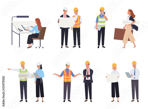 Collection of male and female architects and construction engineers. Profession, occupation or job set. Vector illustration in a flat style