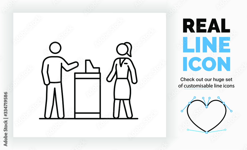Editable real line icon of a stick figure cashier in full body view helping a customer with a