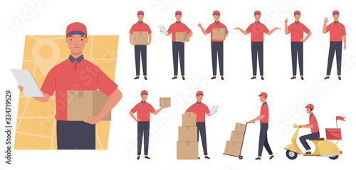 Courier character set. service delivery. Different poses and emotions. Vector illustration in a flat style