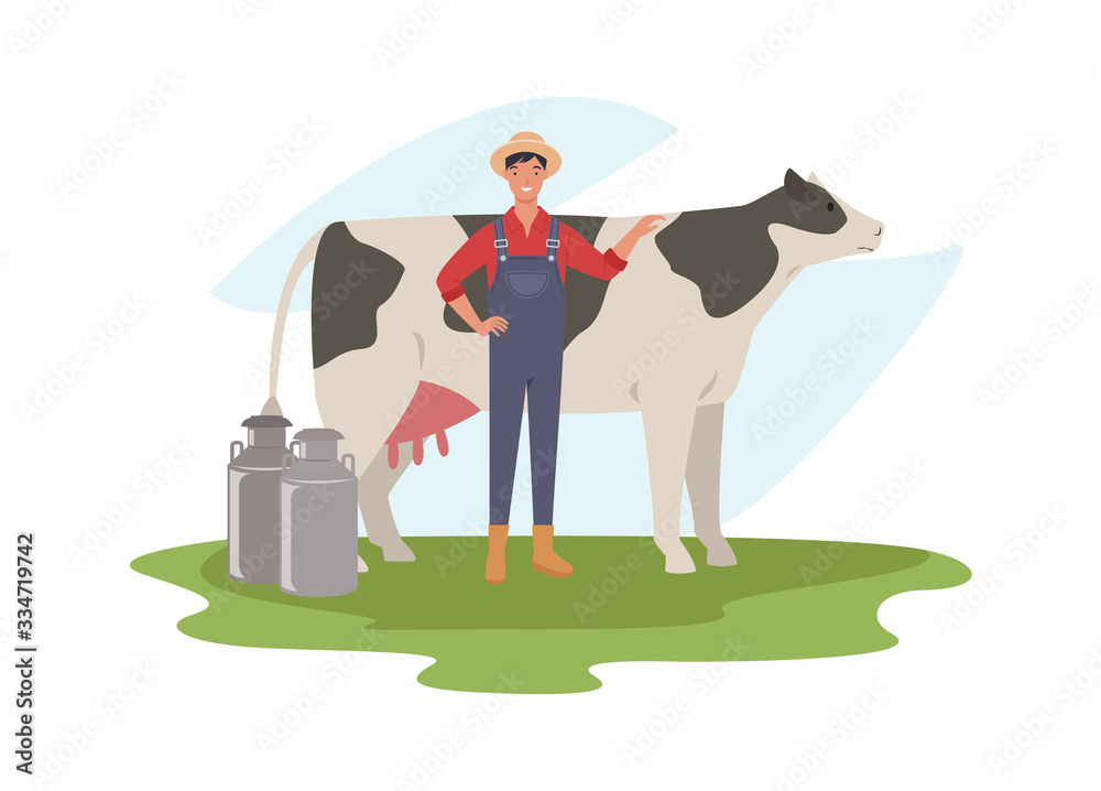 Farmer standing near a cow with milk cans. Vector illustration in a ...