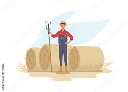 Farmer in overalls standing with a pitchfork on the background of hay bales. Farmer holding a pitchfork. Vector illustration in a flat style