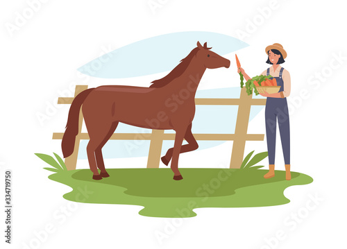 Farmer women feeding horse. Vector illustration in a flat style