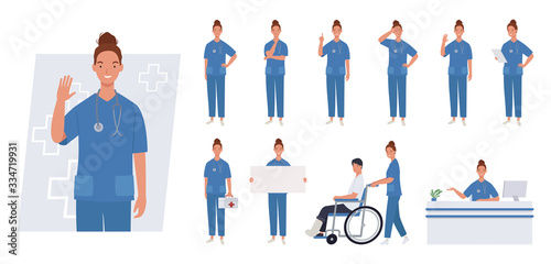 Female nurse character set. Different poses and emotions. Vector illustration in a flat style photo