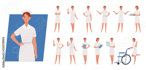 Female nurse character set. Nurse in white uniform. Different poses and emotions. Vector illustration in a flat style
