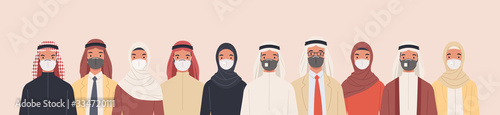 Group of Arab men and women in traditional Islamic clothing wearing medical masks to prevent disease, flu, air pollution, contaminated air, world pollution. Vector illustration in a flat style