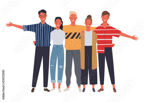 Group of five happy friends, boys and girls, hugging each other on a white background.Vector illustration in a flat style