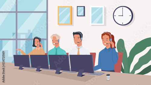 Group of operators with headset supporting people in call center office. Business support and telemarketing vector concept. Call center. Vector illustration in a flat style