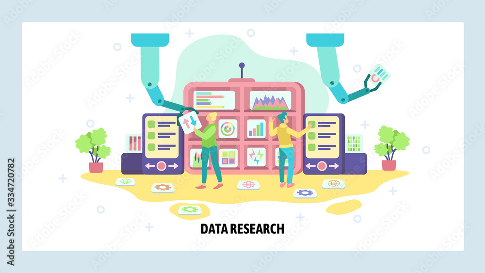 Data research and business analysis. Team work with analytics dashboard, charts, graphic. Digital and robot technology. Vector web site design template. Landing page website illustration.