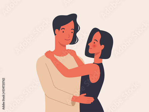 Loving couple looking into each others eyes as they stand holding each other in a moment of tenderness and smiling happily. Vector illustration in a flat style