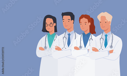 Male and female doctors in white medical coats standing with arms folded. group of medics. Vector illustration in a flat style