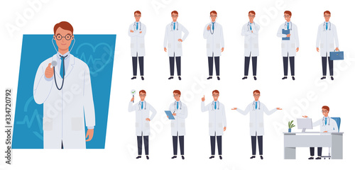Male doctor character set. Different poses and emotions. Vector illustration in a flat style