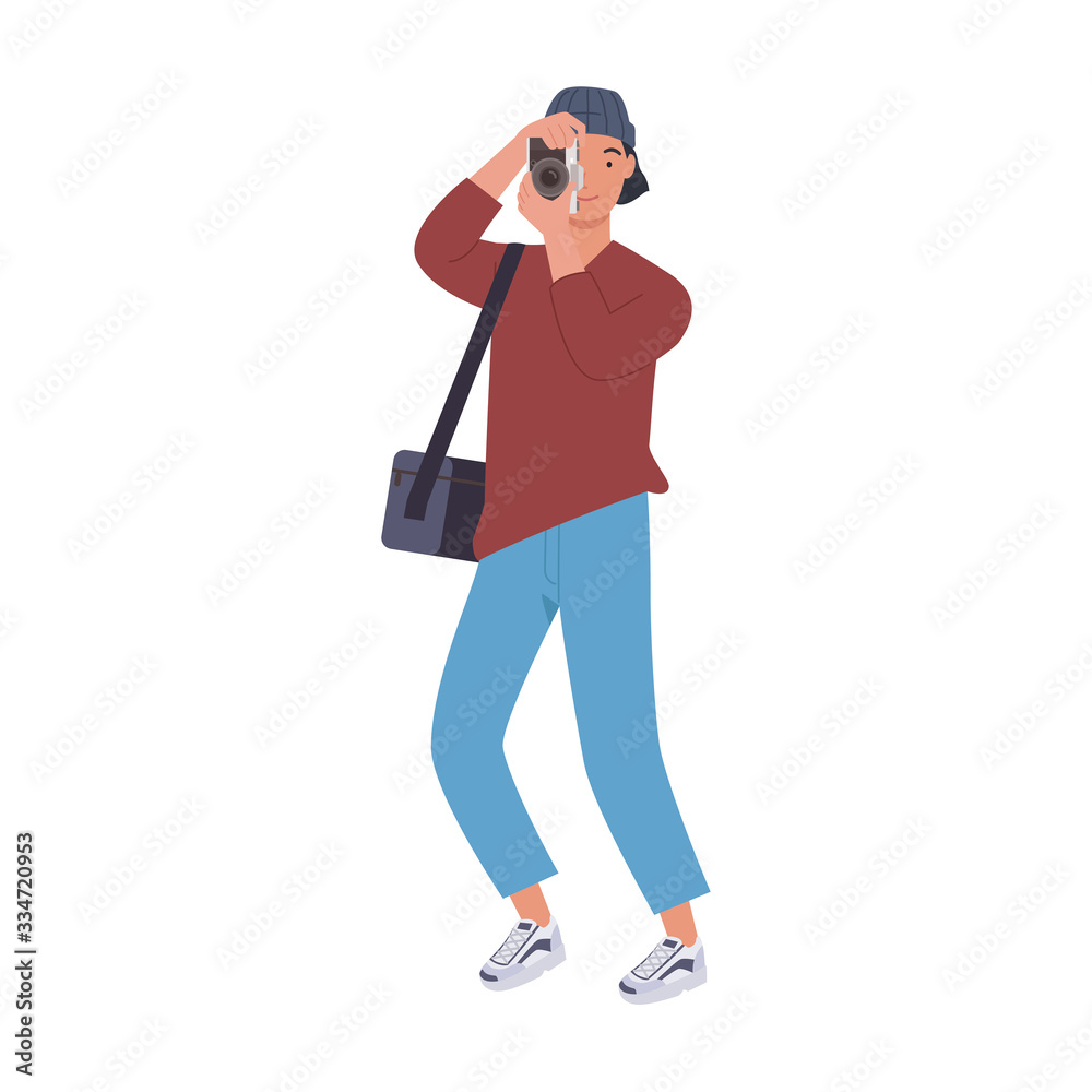 Male photographer holding a camera and take pictures. Vector illustration in a flat Male photographer holding a camera and take pictures. Vector illustration in a flat