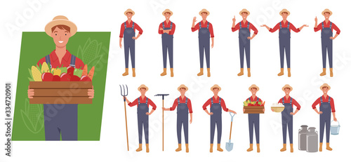 Male farmer character set. Different poses and emotions. Vector illustration in a flat style