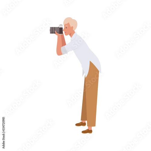 Male photographer holding a camera and take pictures. Vector illustration in a flat