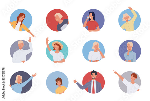 People doing various gestures in a circular frame. Men and women looking out of circle window. Vector illustration in a flat style