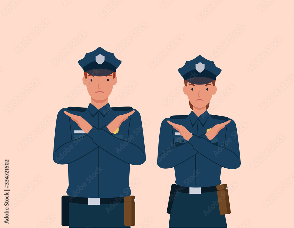 Policeman and woman with crossed arms gesture. Stop sign with hands and negative expression. Vector illustration in a flat style Policeman and woman with crossed arms gesture. Stop sign with hands and negative expression. Vector illustration in a flat style