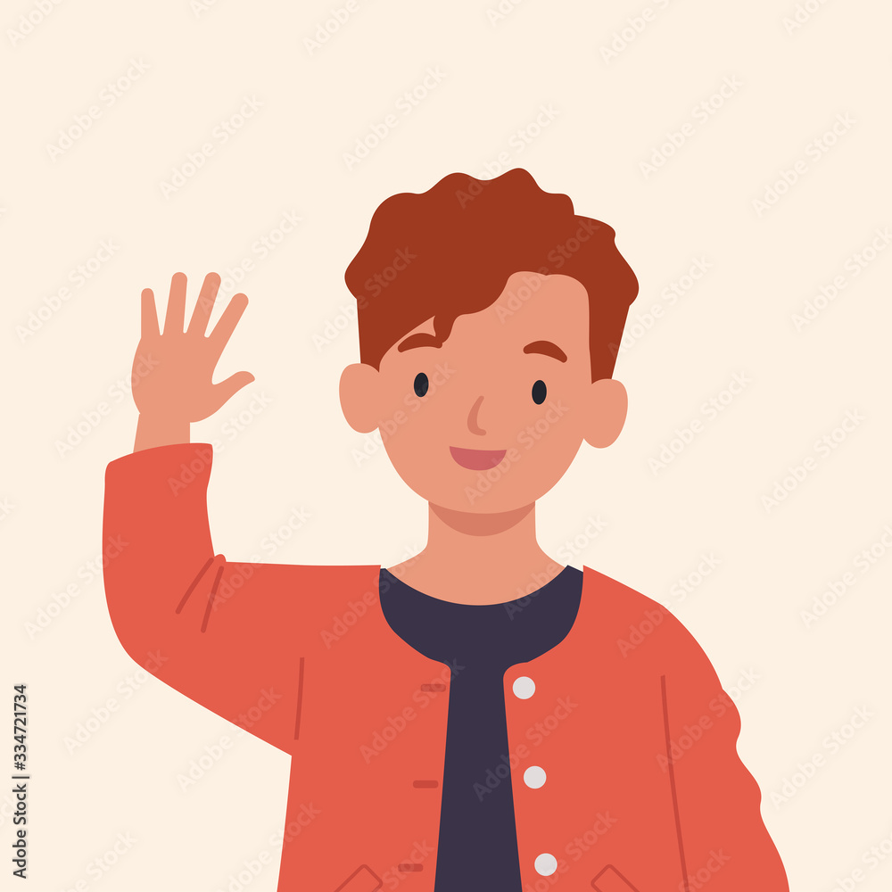 Smiling boy are waving hand in greeting. Vector illustration in a flat style Smiling boy are waving hand in greeting. Vector illustration in a flat style